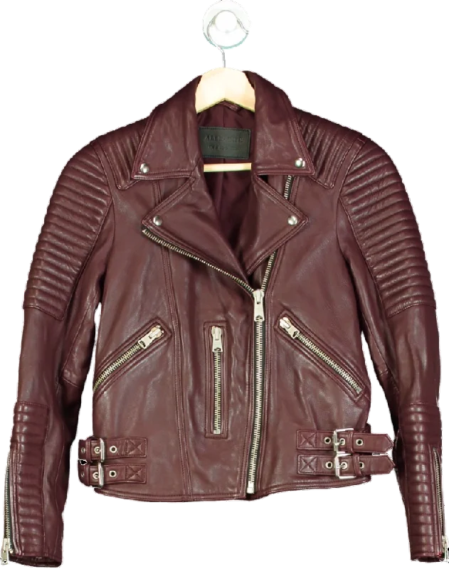 AllSaints Burgundy Leather Estella Biker Jacket UK 6