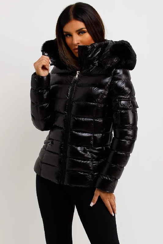 Black Shiny Puffer Jacket With Fur Hood