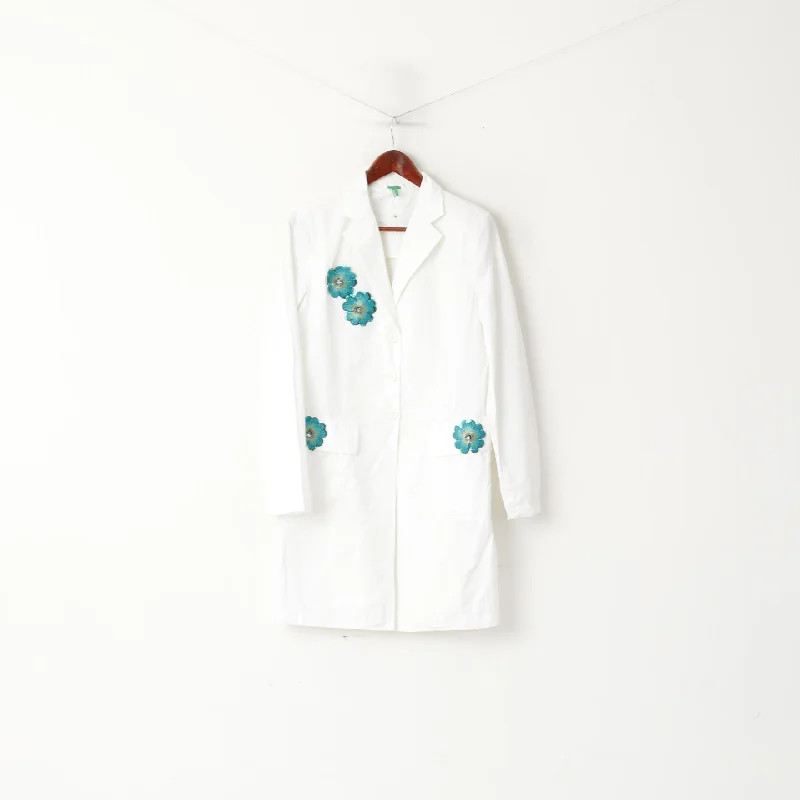 Benetton Women 46 M Coat White Cotton Embroidered Flowers Elegant Cotton