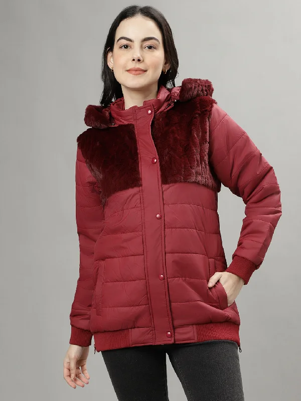 Elle Women Red Solid Hooded Long Sleeves Puffer Jacket