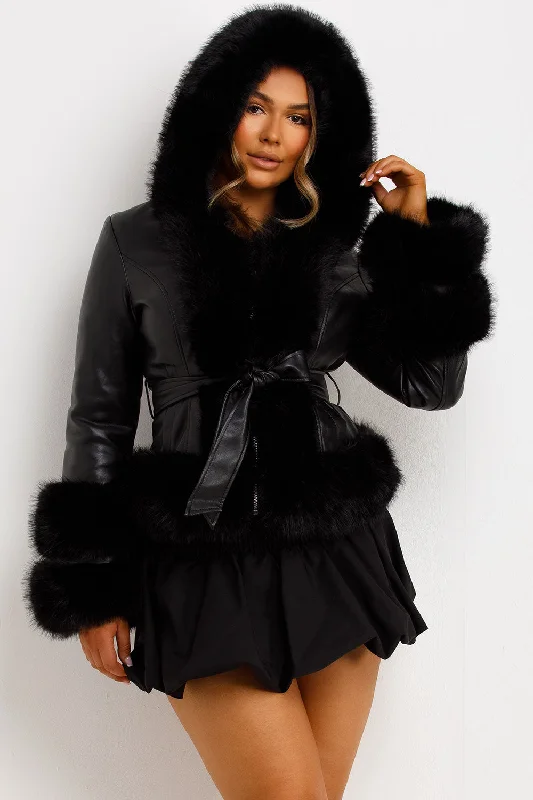 Faux Leather Fur Coat With Hood And Belt Black