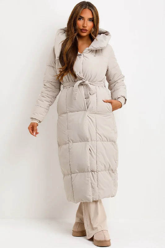 Long Puffer Coat With Hood And Belt Beige