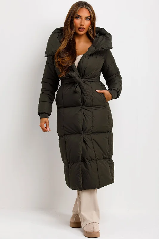 Long Puffer Coat With Hood And Belt Khaki