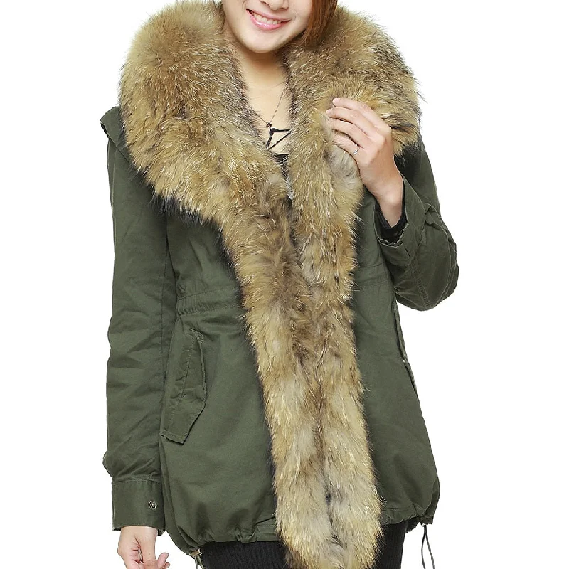 Women's Winter Fluffy Natural Real Raccoon Fur Collar Cotton Coat Jacket