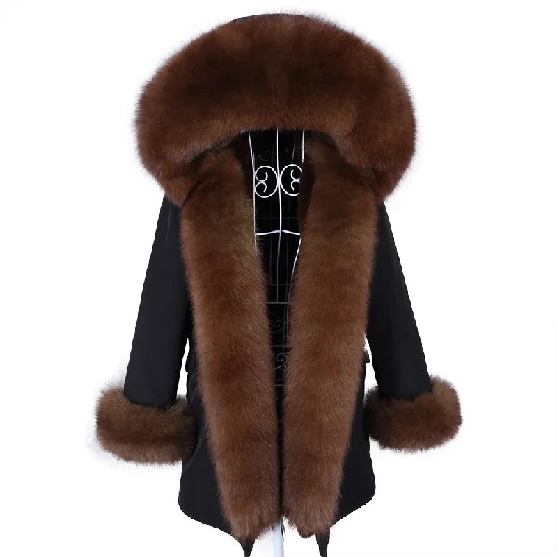 Women's Winter Removable Real Fox Fur Collar Hooded Parkas Jacket