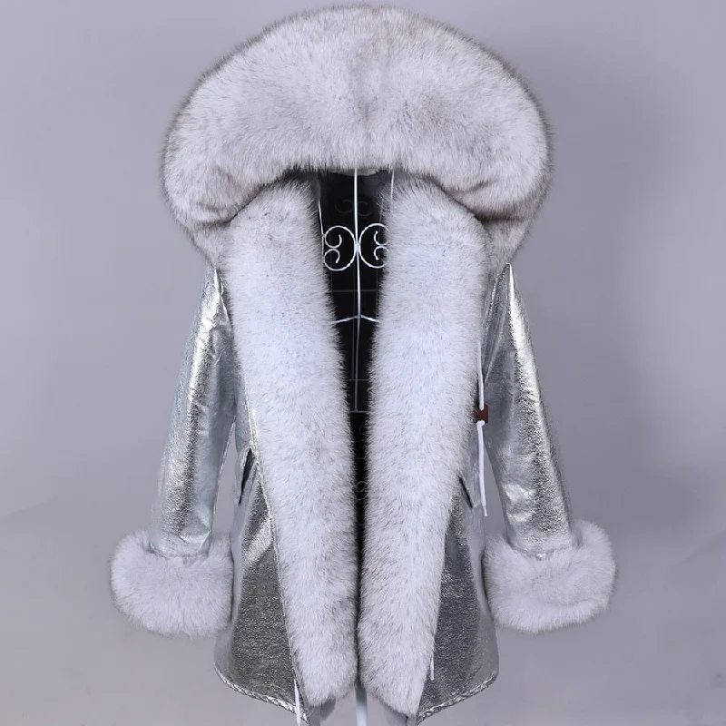 Women's Winter Removable Real Fox Fur Collar Long Hooded Jacket