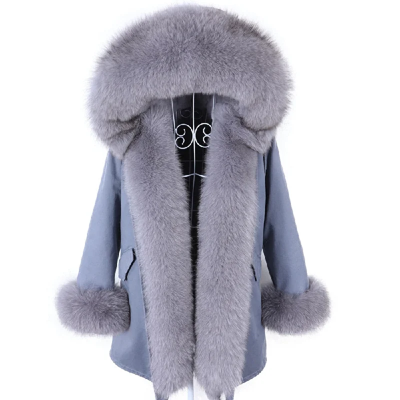 Women's Winter Removable Real Fox Fur Collar Long Hooded Jacket