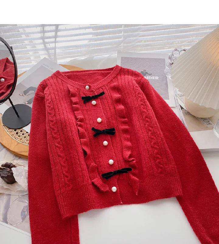 Bow round neck pearl button sweater sweet long sleeve top  6074