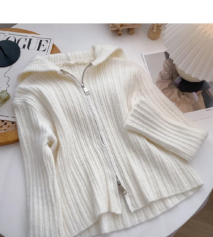 Cardigan hooded knitted coat solid short top  6590