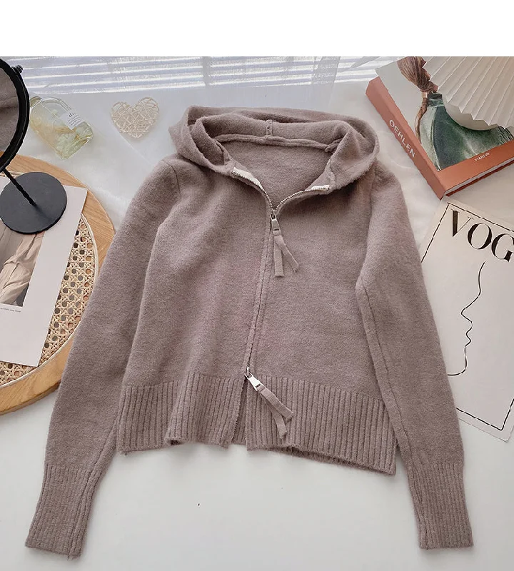 Cardigan knit Hooded Jacket versatile long sleeve top  6522