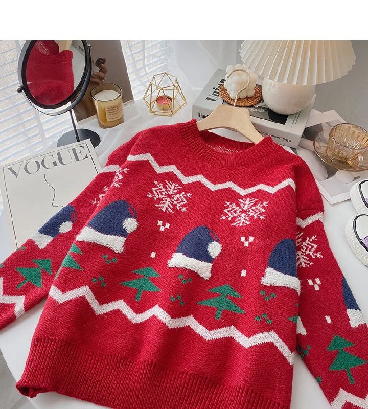 Christmas hat jacquard contrast sweater long sleeve Pullover Top  6161