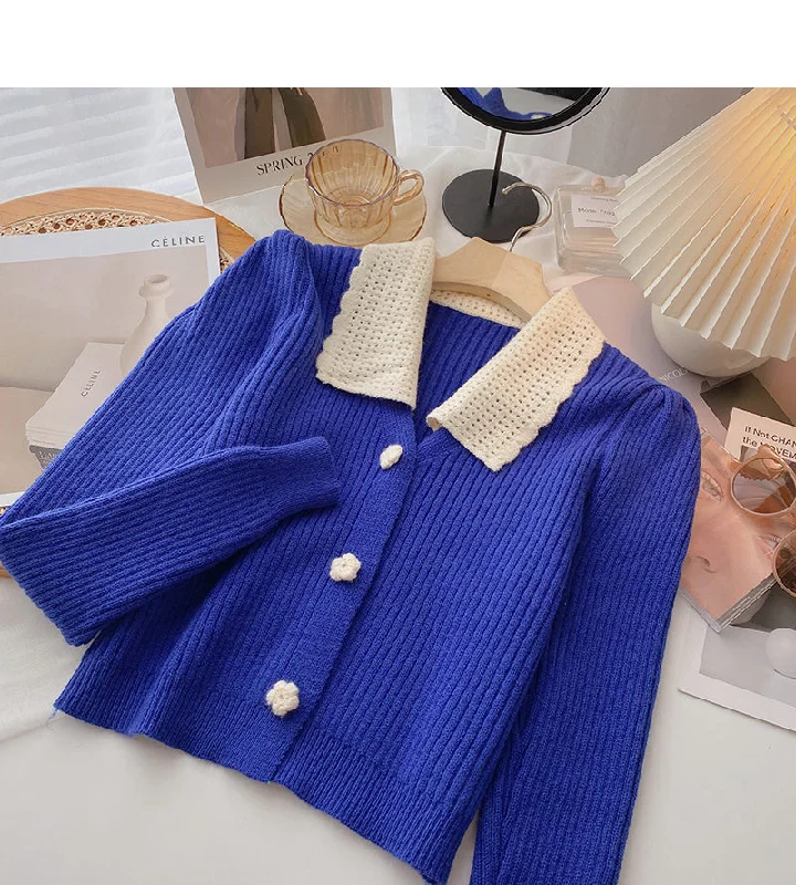 Color matching small flower button knitted sweater  6469