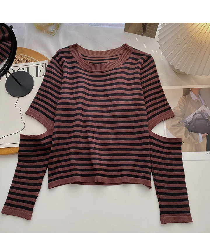 Design sense hollowed out long sleeve sweater slim striped top  6602