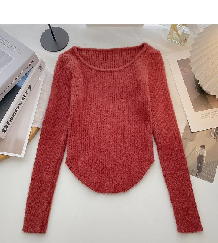 Design sense knitwear short irregular long sleeve top  6614