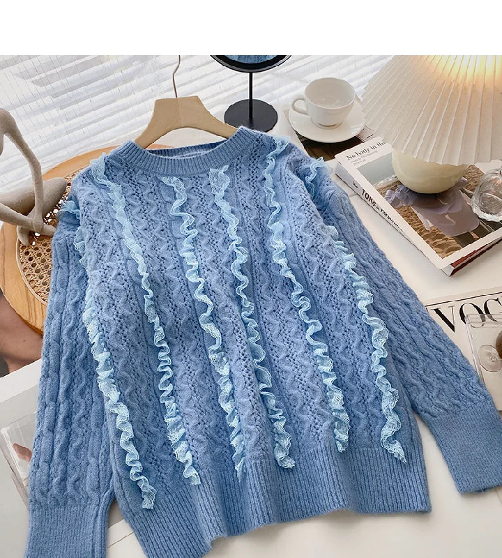 Design sense wavy lace sweater loose sweet crew neck top  6088