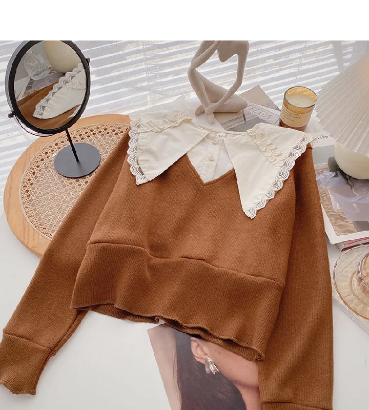 Fashion baby collar stitched sweater Vintage top  6542