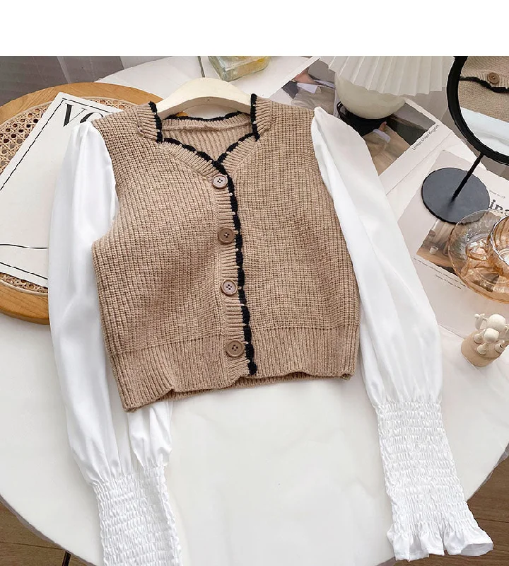 French small square neck stitched long sleeve fake two-piece blouse  6592