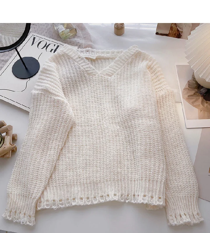 Hollow out knitted sweater casual solid color long sleeve top  6131