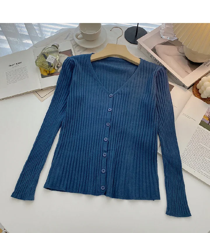 Knitted cardigan women's fashion versatile V-Neck long sleeve top  6558