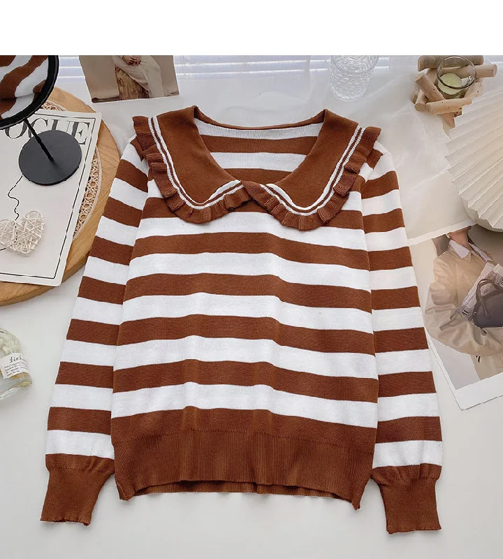 Lace doll neck contrast stripe long sleeve versatile top  6616