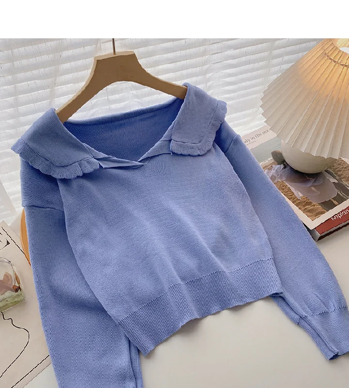 Lace Navy collar age reducing short sweater  6574