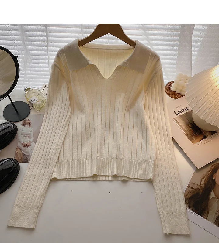 Lapel thread sweater Pullover long sleeve top  6570