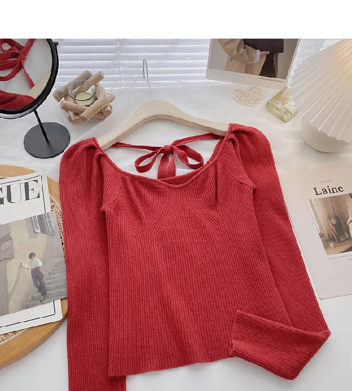 Large round neck leaky clavicle sweater bandage long sleeve top  6611