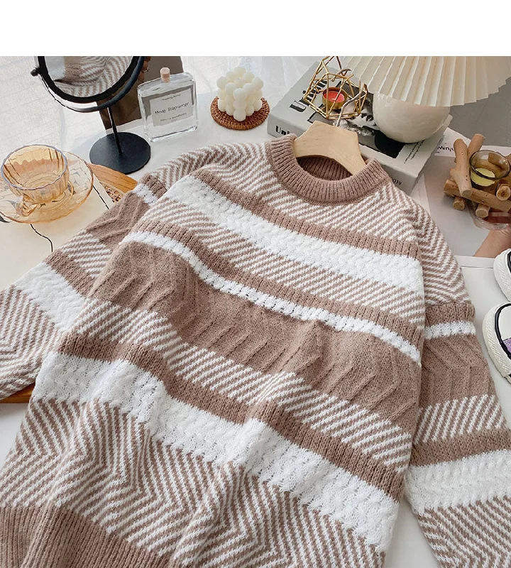 Lazy wind contrast striped sweater Korean version fashionable and simple  6071