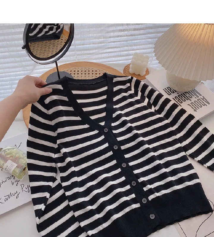 Long sleeve knitted stripe coat casual V-neck top  6518