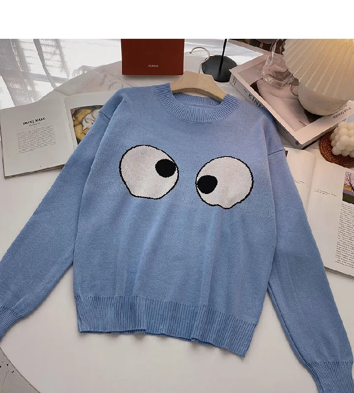 Long sleeved Pullover Sweater aging contrast color big eye top  6459