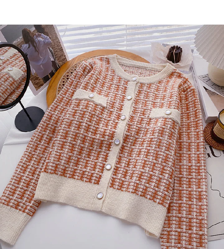 New Korean round neck small fragrance top cardigan  6077