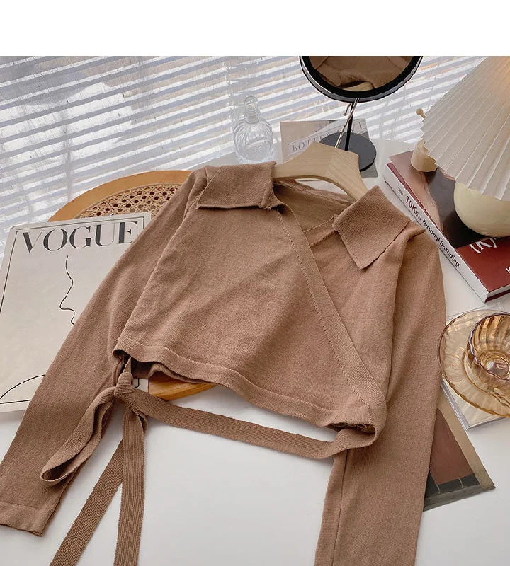 Niche design cross Lapel strap short sweater  6617