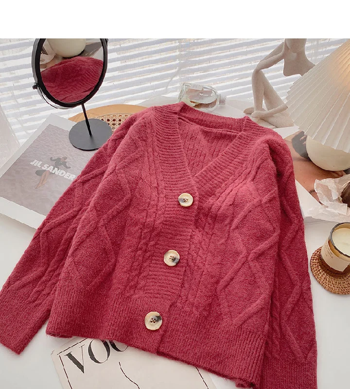 Single breasted Vintage loose V-Neck Sweater Coat  6171