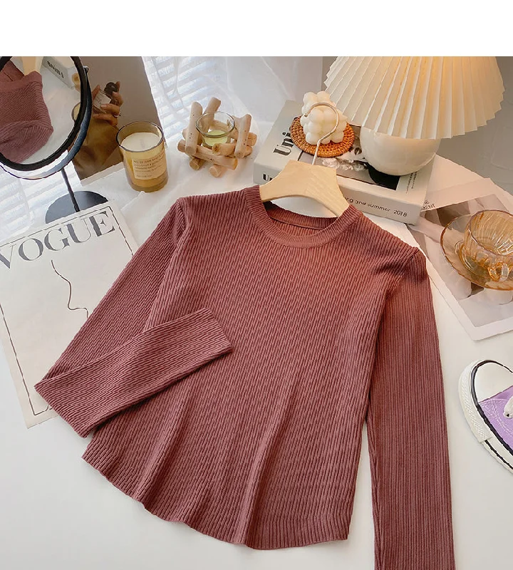 Slim fit short versatile casual long sleeve top  6486