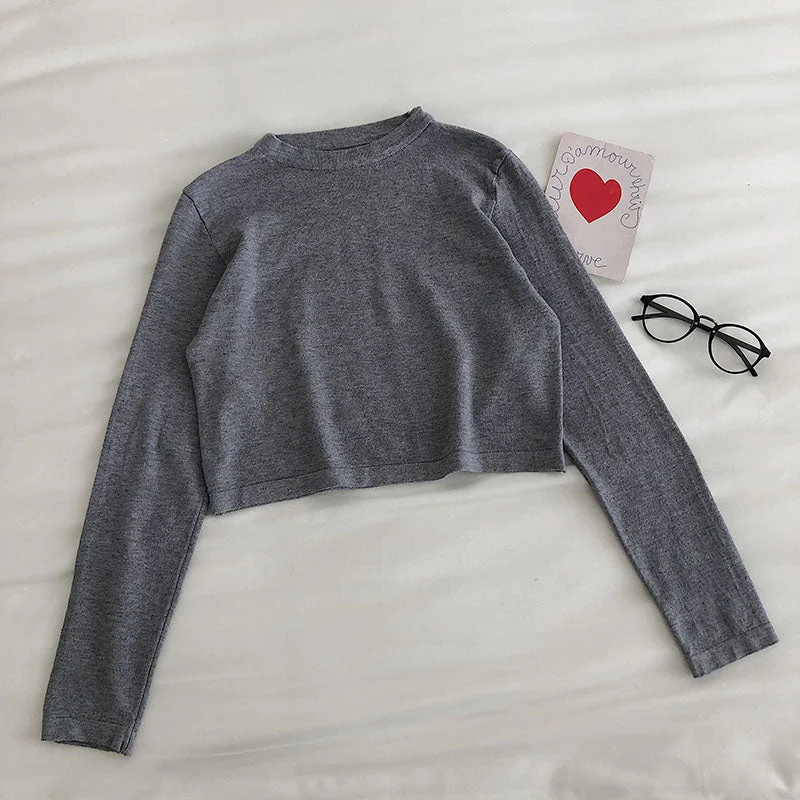 Solid color simple sweater long sleeve Pullover Top  6456