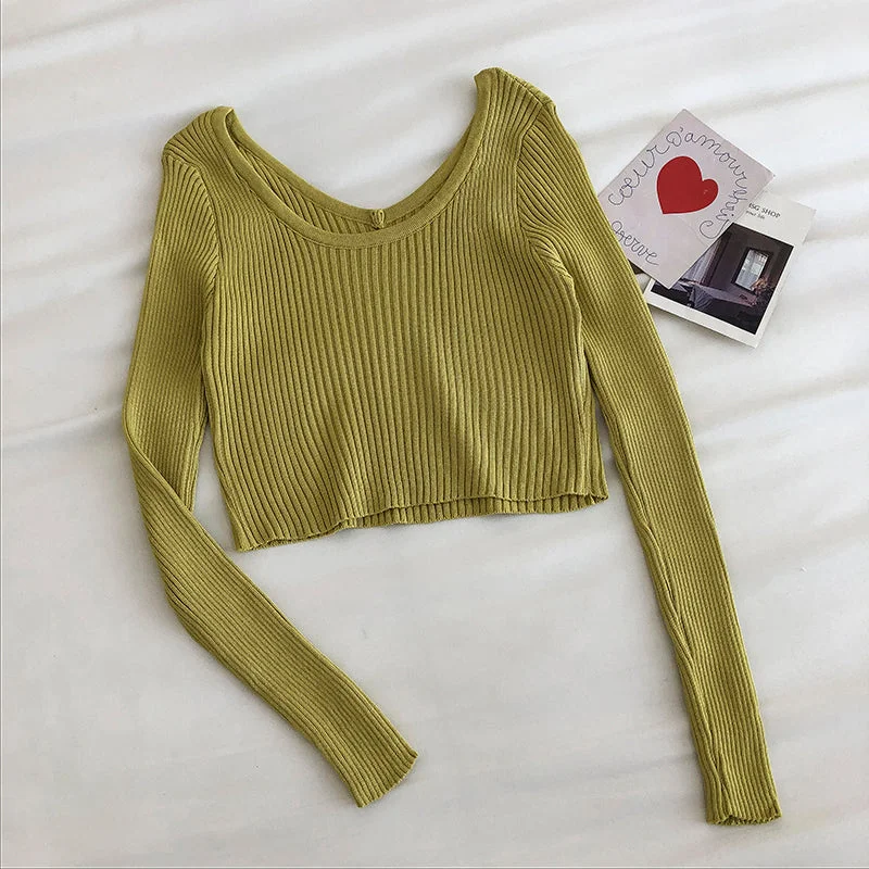 Solid color two wear long sleeve leaky clavicle sweater  6463