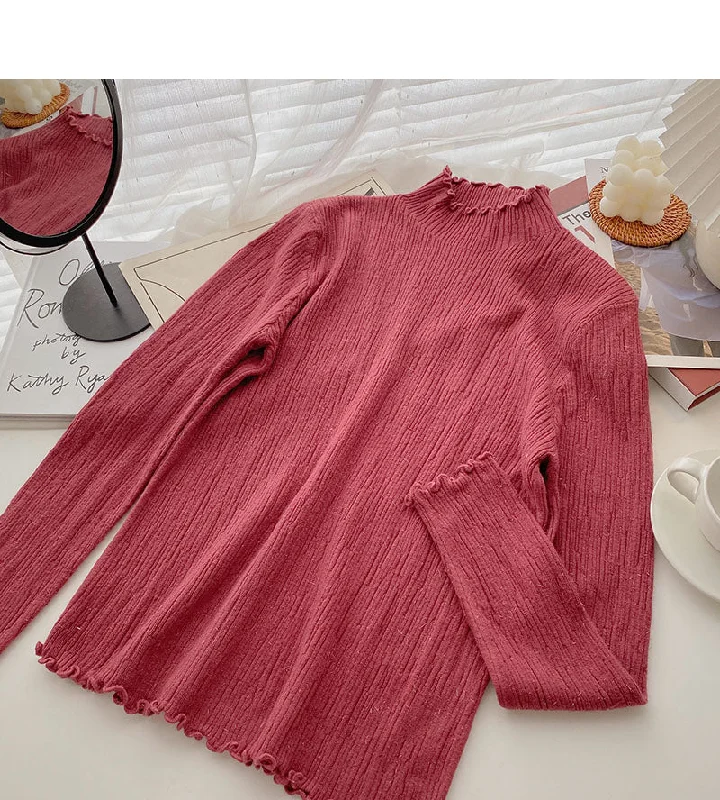 Stand collar long sleeve design slim fit bright silk sweater  6582