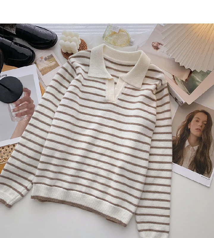 Striped knitted Pullover Sweater lazy temperament thin top  6571