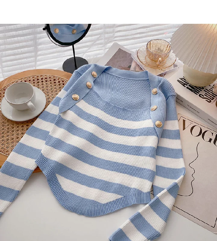 Striped square neck T-shirt thin long sleeve top  6489