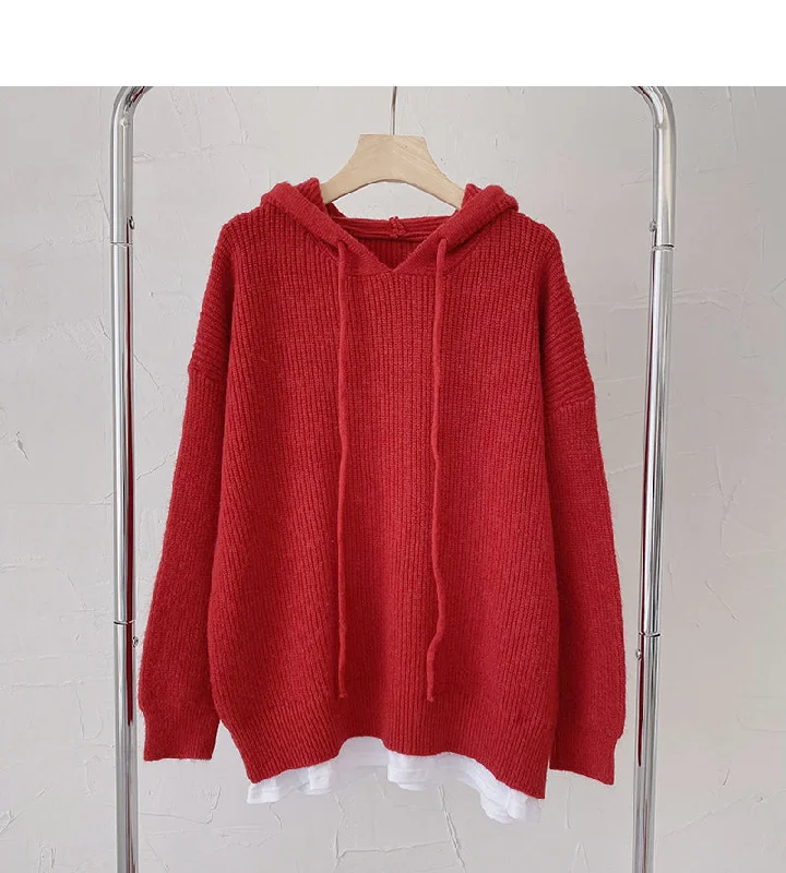 Sweater women's lazy style retro loose long sleeve hooded fake two-piece top  6197