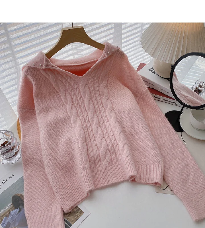 Sweet niche design nail bead V-neck twist long sleeve top  6092