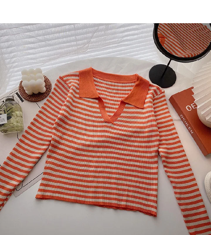 T-shirt Lapel stripe contrast color shows thin slim top fashion  6538