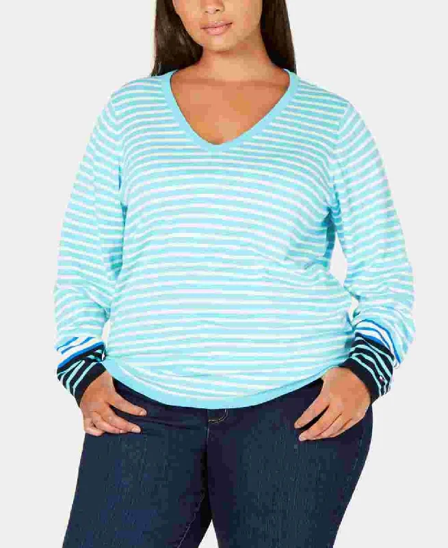 Tommy Hilfiger Women's Plus Cotton Striped V Neck Sweater Blue Size 0X