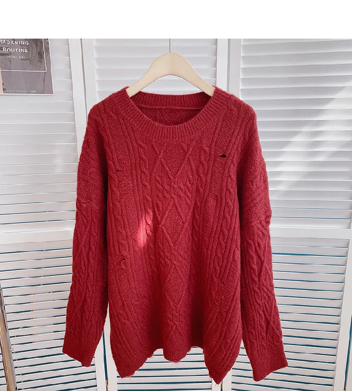 Twist solid color knitted sweater women's lazy style  6158