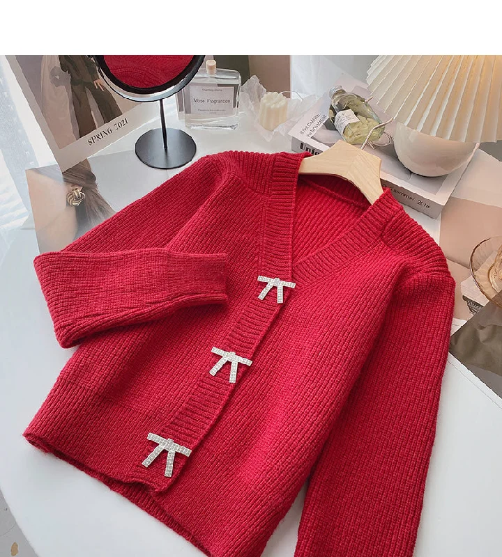 V-Neck Sweater Cardigan women's Korean bow button design top  6176