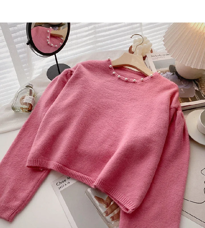 Vintage Design nail bead crew neck loose sweater fashion  6579