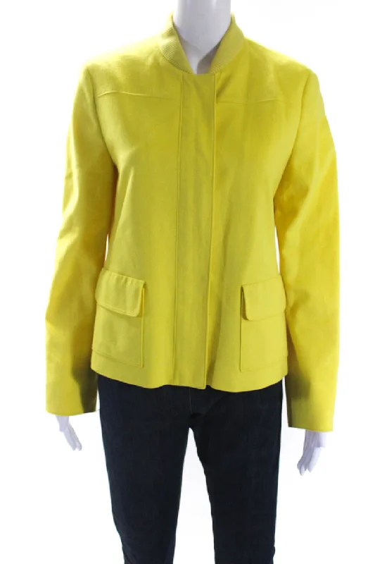 Akris Punto Womens Front ZIp Ribbed Crew Neck Light Jacket Yellow Wool