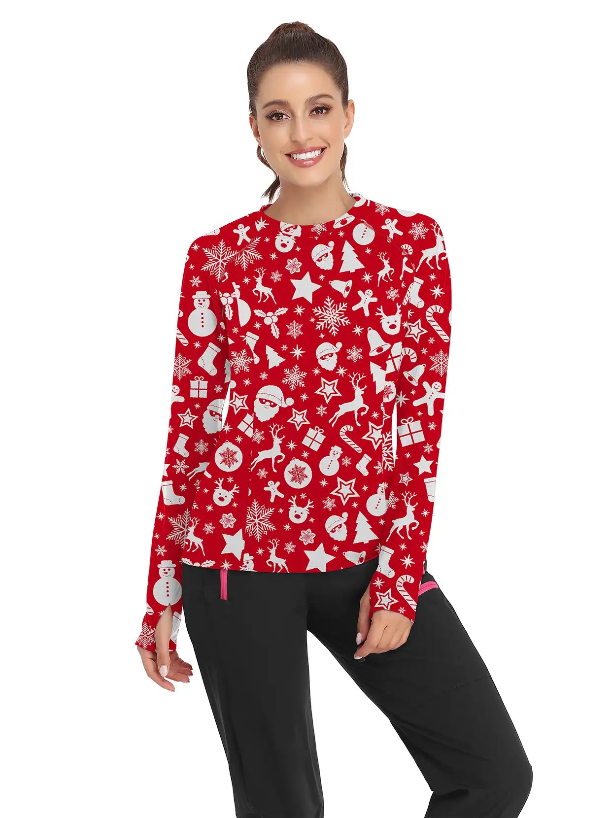 Christmas White Santa Pattern Crew-neck long-sleeve Fleece Top