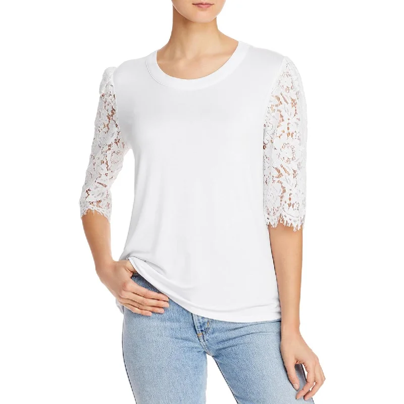 K & C Womens Crew Neck Lace Sleeve Top