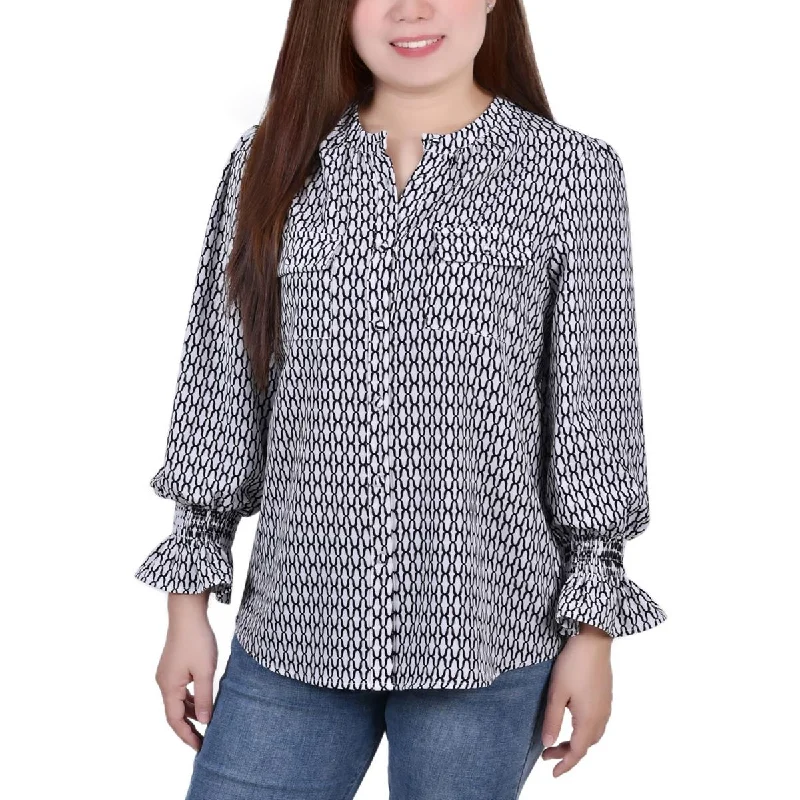 NY Collection Womens Petites Button Down Crew Neck Blouse